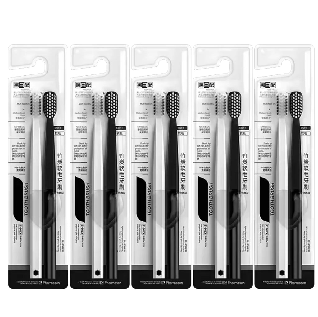 10PC Bamboo Charcoal Brush Silk Soft Bristle Toothbrushes, Black and White MEN'S AND WOMEN'S Adult Toothbrushes, Family Set