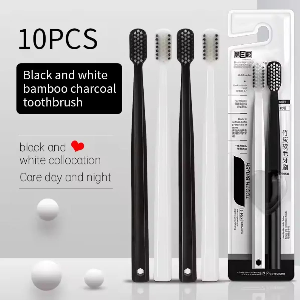 10PC Bamboo Charcoal Brush Silk Soft Bristle Toothbrushes, Black and White MEN'S AND WOMEN'S Adult Toothbrushes, Family Set