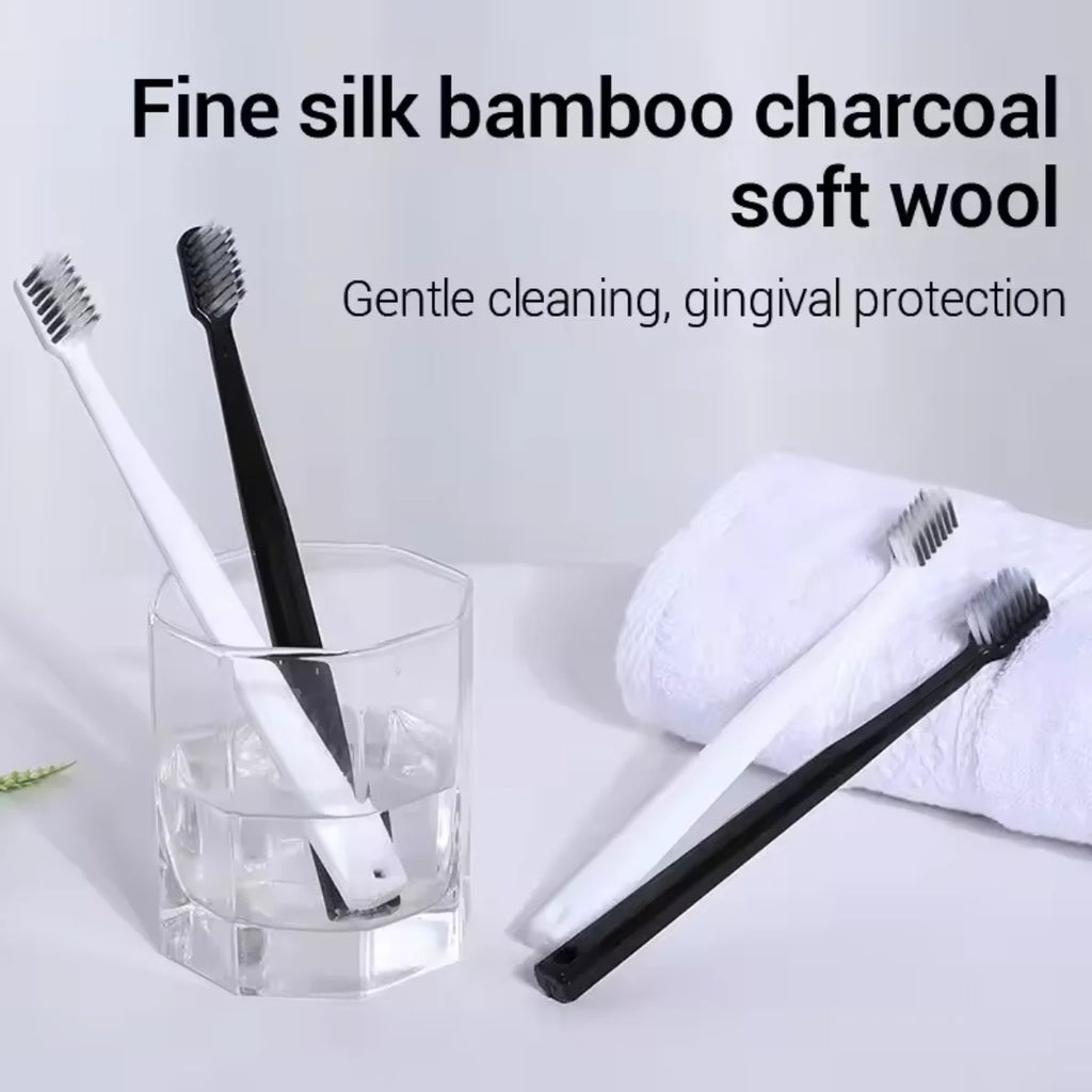 10PC Bamboo Charcoal Brush Silk Soft Bristle Toothbrushes, Black and White MEN'S AND WOMEN'S Adult Toothbrushes, Family Set