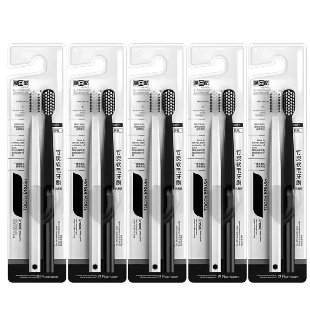 10PC Bamboo Charcoal Brush Silk Soft Bristle Toothbrushes, Black and White MEN'S AND WOMEN'S Adult Toothbrushes, Family Set